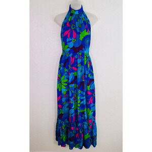 Waltah Clarke's Dress Womens Hawaiian Floral Maxi Halter Bright Vintage 60s